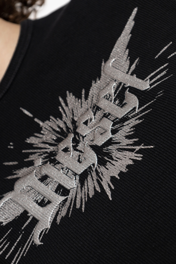 【DIESEL】T-Ele-Long-P2 クロップド Tシャツ T-ELE-LONG-P2 T-shirt with winged Diesel foil print｜ブルー